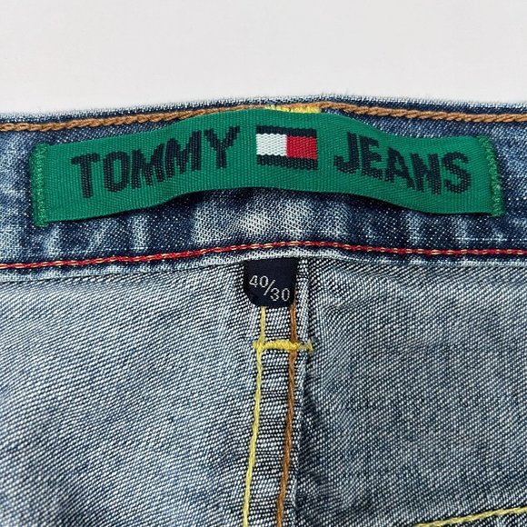 Tommy Jeans 40 x 30 Medium Wash Boot Cut Denim Distressed Hilfiger Straight Leg - Picture 2 of 14